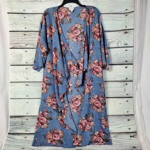 LulaRoe “Shirley” kimono cardigan blue and pink rose floral print Lightweight, M